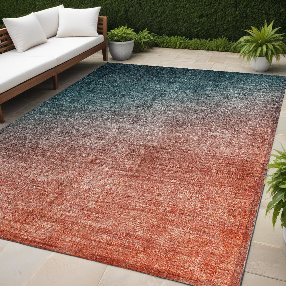 Homeroots 5' X 8' Gray And Red Orange Ombre Washable Non Skid Indoor Outdoor Area Rug Teal Polyester 563731