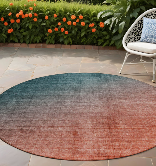 Homeroots 8' Round Gray And Red Orange Round Ombre Washable Non Skid Indoor Outdoor Area Rug Teal Polyester 563732