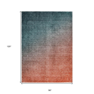 Homeroots 8' X 10' Gray And Red Orange Ombre Washable Non Skid Indoor Outdoor Area Rug Teal Polyester 563733