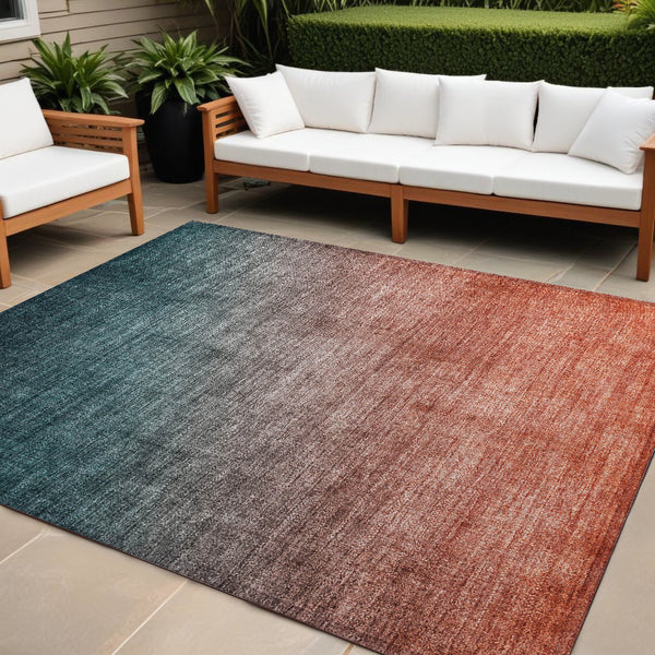 Homeroots 8' X 10' Gray And Red Orange Ombre Washable Non Skid Indoor Outdoor Area Rug Teal Polyester 563733