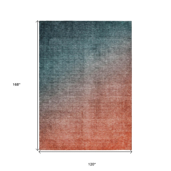 Homeroots 10' X 14' Gray And Red Orange Ombre Washable Non Skid Indoor Outdoor Area Rug Teal Polyester 563735