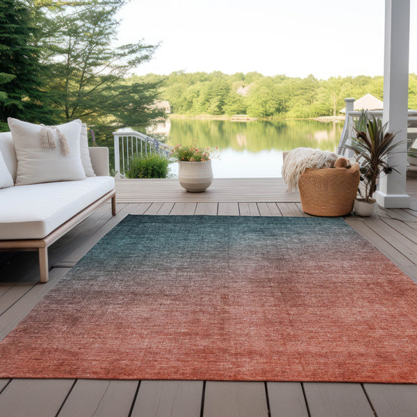 Homeroots 10' X 14' Gray And Red Orange Ombre Washable Non Skid Indoor Outdoor Area Rug Teal Polyester 563735