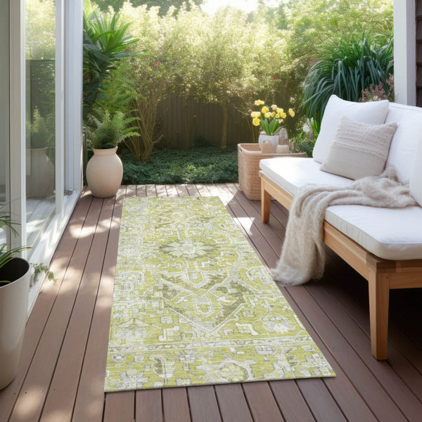 Homeroots 8' Runner Artichoke Green Oriental Washable Rug - Stylish Stain Resistant Non-skid For Indoors & Outdoors Aloe Polyester 563737