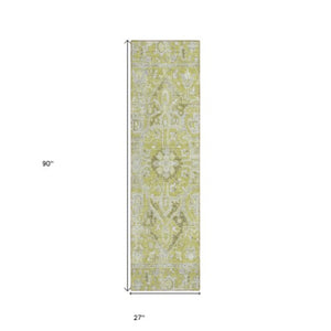 Homeroots 8' Runner Artichoke Green Oriental Washable Rug - Stylish Stain Resistant Non-skid For Indoors & Outdoors Aloe Polyester 563737