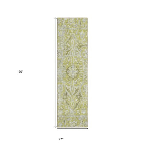 Homeroots 8' Runner Artichoke Green Oriental Washable Rug - Stylish Stain Resistant Non-skid For Indoors & Outdoors Aloe Polyester 563737