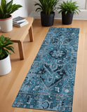 Homeroots 8' Runner Denim And Gray Oriental Washable Non Skid Indoor Outdoor Runner Rug Blue Polyester 563746