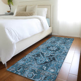 Homeroots 8' Runner Denim And Gray Oriental Washable Non Skid Indoor Outdoor Runner Rug Blue Polyester 563746