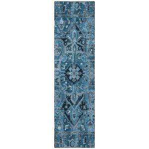 Homeroots 8' Runner Denim And Gray Oriental Washable Non Skid Indoor Outdoor Runner Rug Blue Polyester 563746