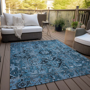 Homeroots 8' Runner Artichoke Green Oriental Washable Rug - Stylish Stain Resistant Non-skid For Indoors & Outdoors Blue Polyester 563748