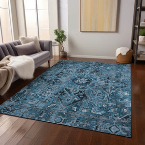 Homeroots 8' Runner Artichoke Green Oriental Washable Rug - Stylish Stain Resistant Non-skid For Indoors & Outdoors Blue Polyester 563748