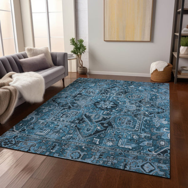 Homeroots 8' Runner Artichoke Green Oriental Washable Rug - Stylish Stain Resistant Non-skid For Indoors & Outdoors Blue Polyester 563748