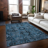 Homeroots 5' X 8' Denim And Gray Oriental Washable Non Skid Indoor Outdoor Area Rug Blue Polyester 563749