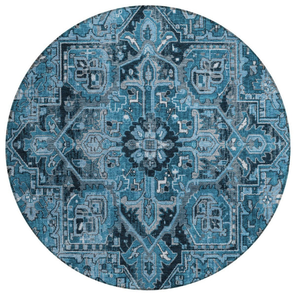HomeRoots 5' Timeless Artichoke Green Oriental Area Rug - Washable, Non-Skid, Indoor/Outdoor Versatility 8' Round 563750