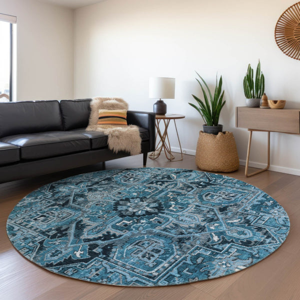 Homeroots 8' Runner Artichoke Green Oriental Washable Rug - Stylish Stain Resistant Non-skid For Indoors & Outdoors 8' Round Polyester 563750