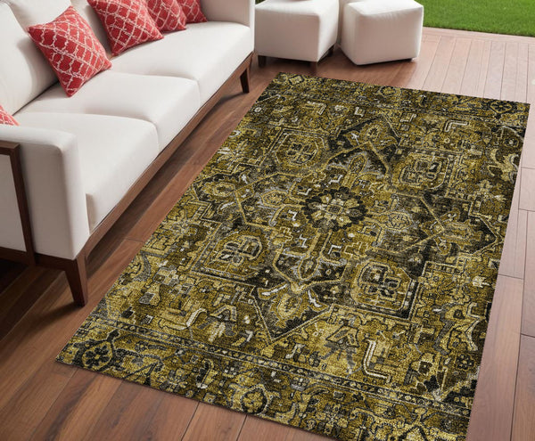Homeroots 8' Runner Artichoke Green Oriental Washable Rug - Stylish Stain Resistant Non-skid For Indoors & Outdoors 5' X 8' Polyester 563758