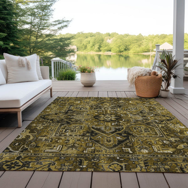 Homeroots 8' Runner Artichoke Green Oriental Washable Rug - Stylish Stain Resistant Non-skid For Indoors & Outdoors 5' X 8' Polyester 563758