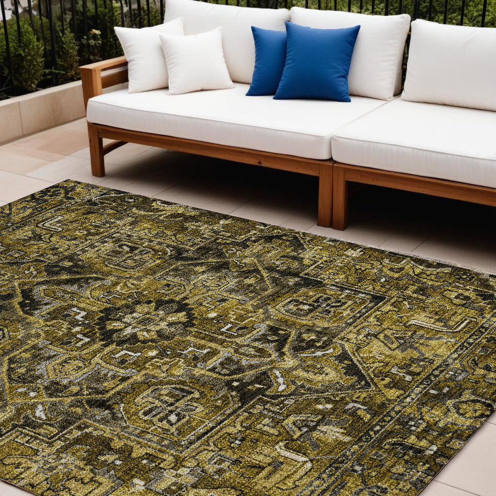 Homeroots 8' Runner Artichoke Green Oriental Washable Rug - Stylish Stain Resistant Non-skid For Indoors & Outdoors 10' X 14' Polyester 563762