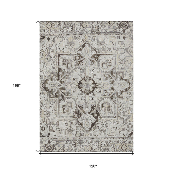 Homeroots 10' X 14' Ivory And Dark Brown Oriental Washable Non Skid Indoor Outdoor Area Rug Ivory Polyester 563771