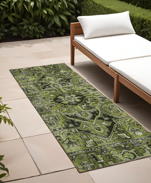 Homeroots 8' Runner Olive Green And Dark Green Oriental Washable Non Skid Indoor Outdoor Runner Rug Olive Polyester 563773