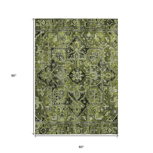 HomeRoots 5' Timeless Artichoke Green Oriental Area Rug - Washable, Non-Skid, Indoor/Outdoor Versatility 5' X 8' 563776