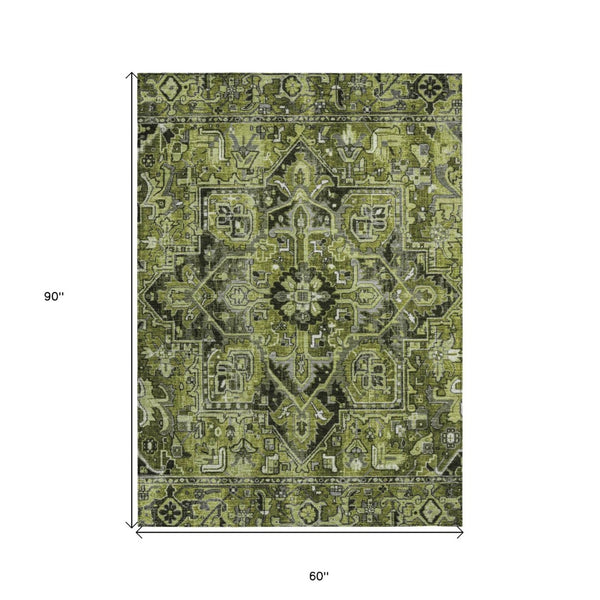 HomeRoots 5' Timeless Artichoke Green Oriental Area Rug - Washable, Non-Skid, Indoor/Outdoor Versatility 5' X 8' 563776