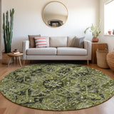 Homeroots 8' Round Olive Green And Dark Green Round Oriental Washable Non Skid Indoor Outdoor Area Rug Olive Polyester 563777