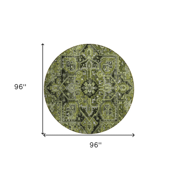 Homeroots 8' Round Olive Green And Dark Green Round Oriental Washable Non Skid Indoor Outdoor Area Rug Olive Polyester 563777