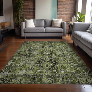 HomeRoots 5' Timeless Artichoke Green Oriental Area Rug - Washable, Non-Skid, Indoor/Outdoor Versatility 8' X 10' 563778