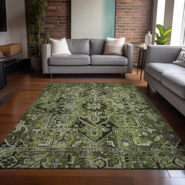 HomeRoots 5' Timeless Artichoke Green Oriental Area Rug - Washable, Non-Skid, Indoor/Outdoor Versatility 8' X 10' 563778