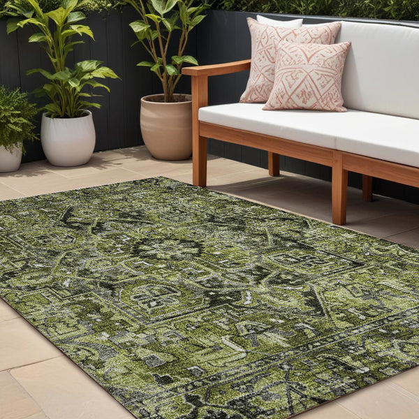 Homeroots 8' Runner Artichoke Green Oriental Washable Rug - Stylish Stain Resistant Non-skid For Indoors & Outdoors 9' X 12' Polyester 563779