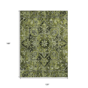 Homeroots 8' Runner Artichoke Green Oriental Washable Rug - Stylish Stain Resistant Non-skid For Indoors & Outdoors 10' X 14' Polyester 563780