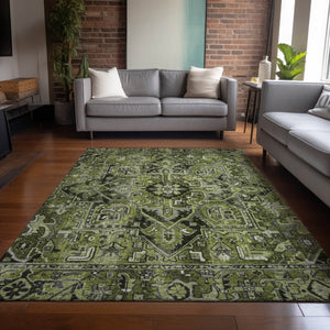 Homeroots 8' Runner Artichoke Green Oriental Washable Rug - Stylish Stain Resistant Non-skid For Indoors & Outdoors 10' X 14' Polyester 563780