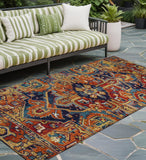 Homeroots 8' Runner Red Orange And Blue Oriental Washable Non Skid Indoor Outdoor Runner Rug Paprika Polyester 563782