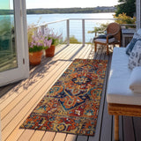 Homeroots 8' Runner Red Orange And Blue Oriental Washable Non Skid Indoor Outdoor Runner Rug Paprika Polyester 563782