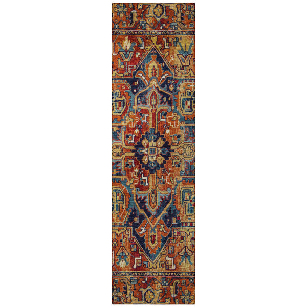 Homeroots 8' Runner Red Orange And Blue Oriental Washable Non Skid Indoor Outdoor Runner Rug Paprika Polyester 563782