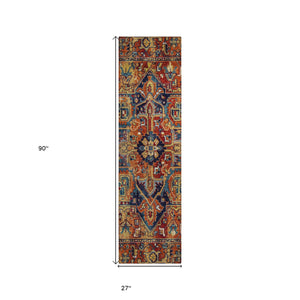 Homeroots 8' Runner Red Orange And Blue Oriental Washable Non Skid Indoor Outdoor Runner Rug Paprika Polyester 563782