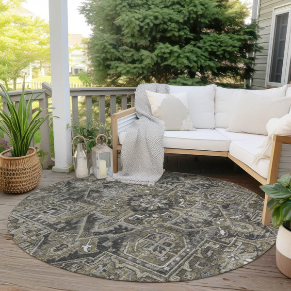 HomeRoots 5' Timeless Artichoke Green Oriental Area Rug - Washable, Non-Skid, Indoor/Outdoor Versatility 8' Round 563795