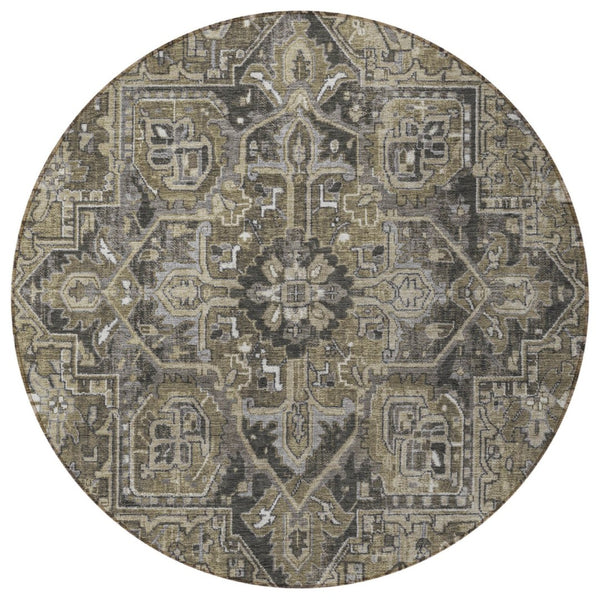 HomeRoots 5' Timeless Artichoke Green Oriental Area Rug - Washable, Non-Skid, Indoor/Outdoor Versatility 8' Round 563795