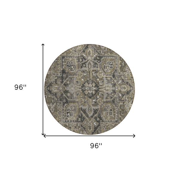 HomeRoots 5' Timeless Artichoke Green Oriental Area Rug - Washable, Non-Skid, Indoor/Outdoor Versatility 8' Round 563795