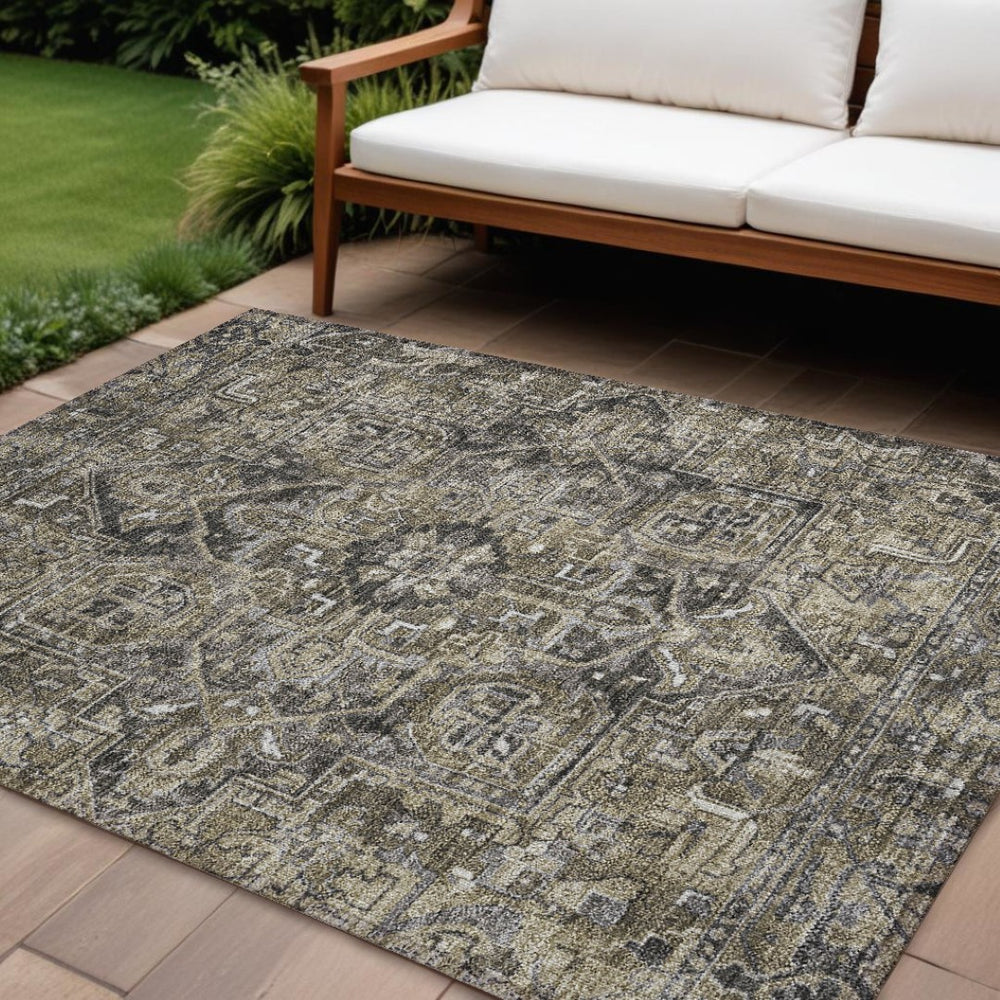 HomeRoots 5' Timeless Artichoke Green Oriental Area Rug - Washable, Non-Skid, Indoor/Outdoor Versatility 8' X 10' 563796