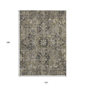 Homeroots 8' Runner Artichoke Green Oriental Washable Rug - Stylish Stain Resistant Non-skid For Indoors & Outdoors 10' X 14' Polyester 563798