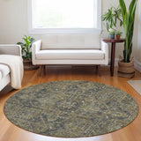 Homeroots 8' Round Dark Moss Green And Gray Round Oriental Washable Non Skid Indoor Outdoor Area Rug Chocolate Polyester 563804