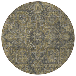 Homeroots 8' Round Dark Moss Green And Gray Round Oriental Washable Non Skid Indoor Outdoor Area Rug Chocolate Polyester 563804