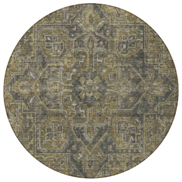 Homeroots 8' Round Dark Moss Green And Gray Round Oriental Washable Non Skid Indoor Outdoor Area Rug Chocolate Polyester 563804