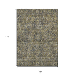Homeroots 9' X 12' Dark Moss Green And Gray Oriental Washable Non Skid Indoor Outdoor Area Rug Chocolate Polyester 563806
