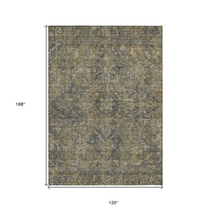 Homeroots 10' X 14' Dark Moss Green And Gray Oriental Washable Non Skid Indoor Outdoor Area Rug Chocolate Polyester 563807