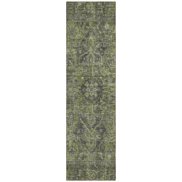 Homeroots 8' Runner Moss Green And Gray Oriental Washable Non Skid Indoor Outdoor Runner Rug Green Polyester 563809