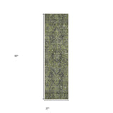 Homeroots 8' Runner Moss Green And Gray Oriental Washable Non Skid Indoor Outdoor Runner Rug Green Polyester 563809