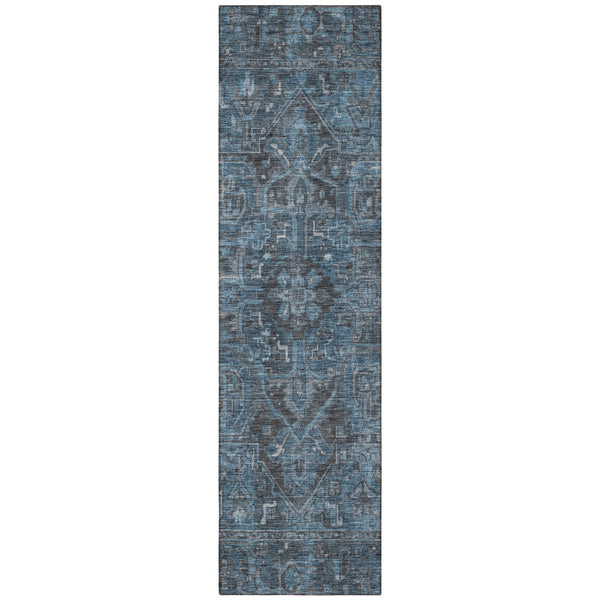 Homeroots 8' Runner Navy And Black Oriental Washable Non Skid Indoor Outdoor Runner Rug Navy Polyester 563827