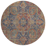 Homeroots 8' Round Red Orange And Blue Round Oriental Washable Non Skid Indoor Outdoor Area Rug Red Polyester 563840